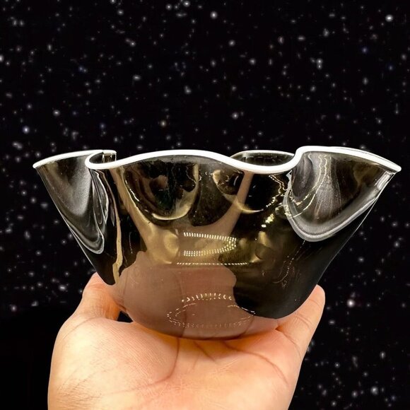 Bohemian Glass Other - Czech Art Glass Handkerchief Bowl Smokey Olive Green White Ruffles Bohemian 3”T